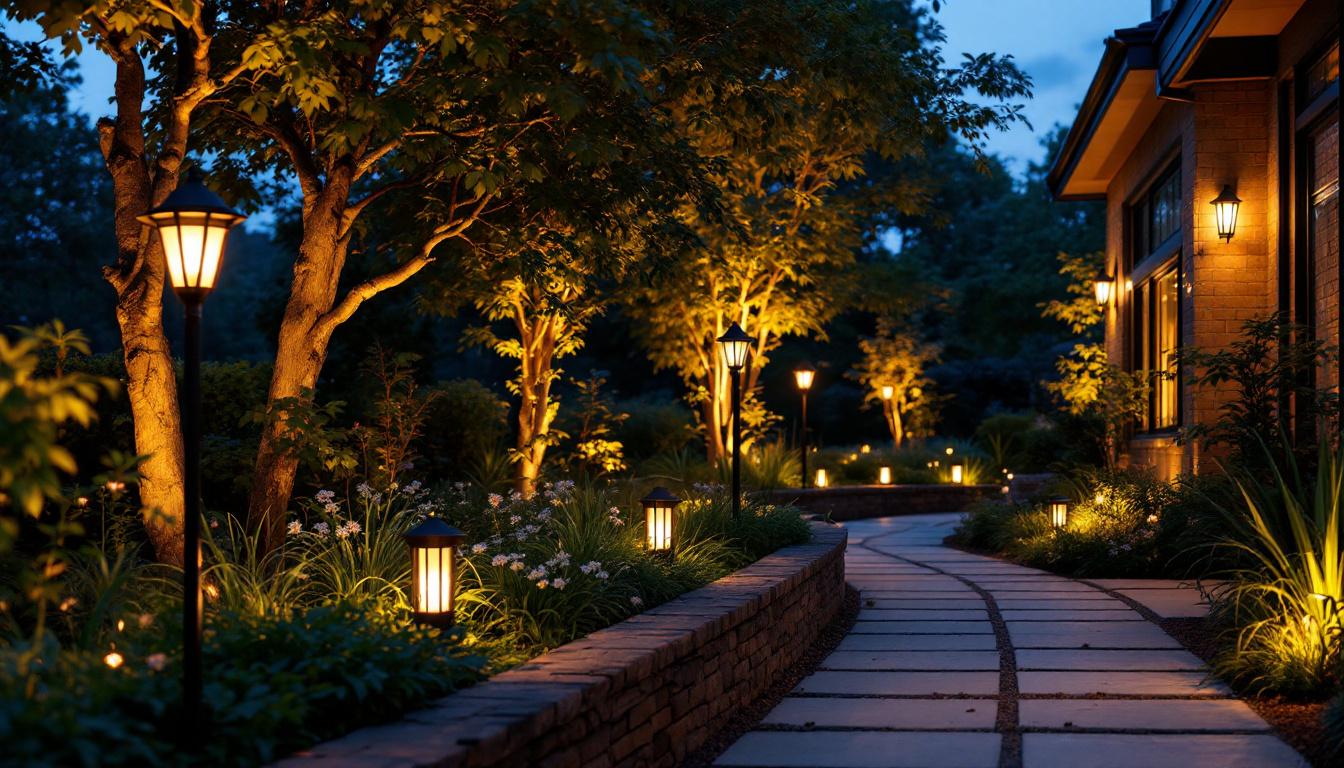 A photograph of a beautifully illuminated outdoor space showcasing various types of exterior lighting fixtures
