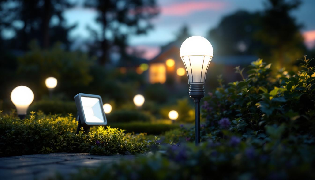 A photograph of a well-lit outdoor scene showcasing various styles of flood led light bulbs illuminating a garden or architectural feature at dusk