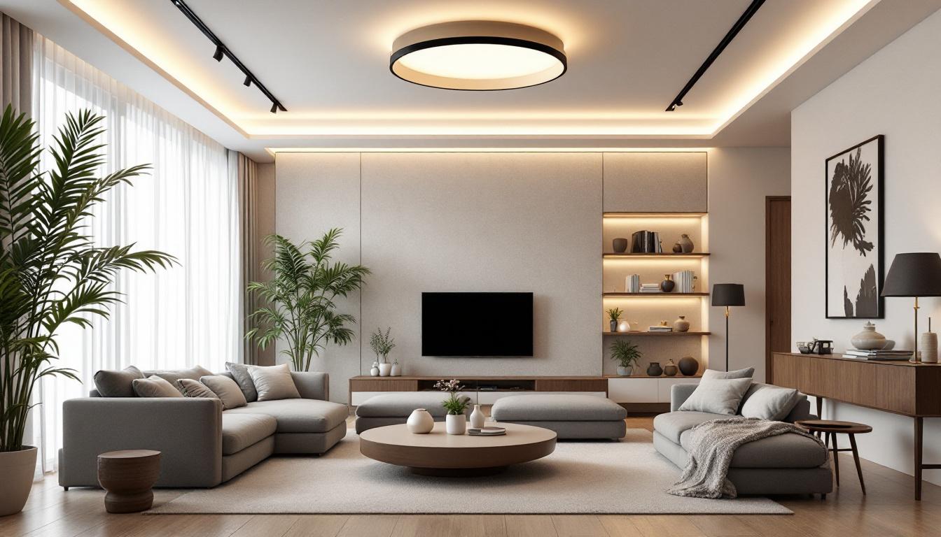 A photograph of a stylish living room featuring modern ceiling lights