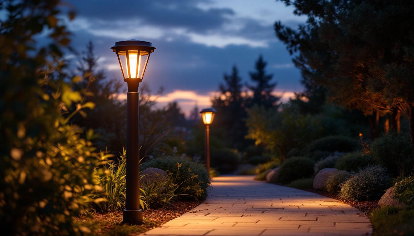A photograph of a beautifully designed outdoor post light illuminating a landscaped pathway at dusk