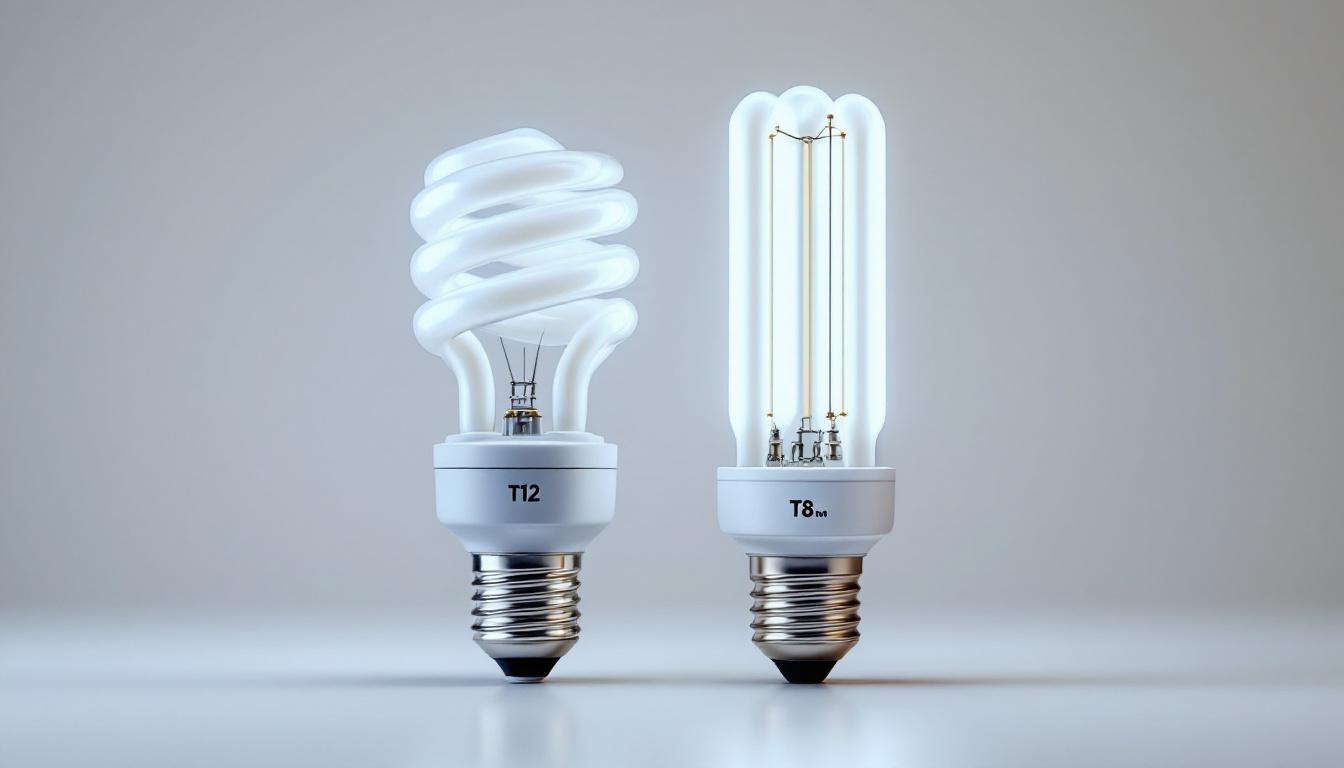 A photograph of a side-by-side comparison of t12 and t8 fluorescent bulbs
