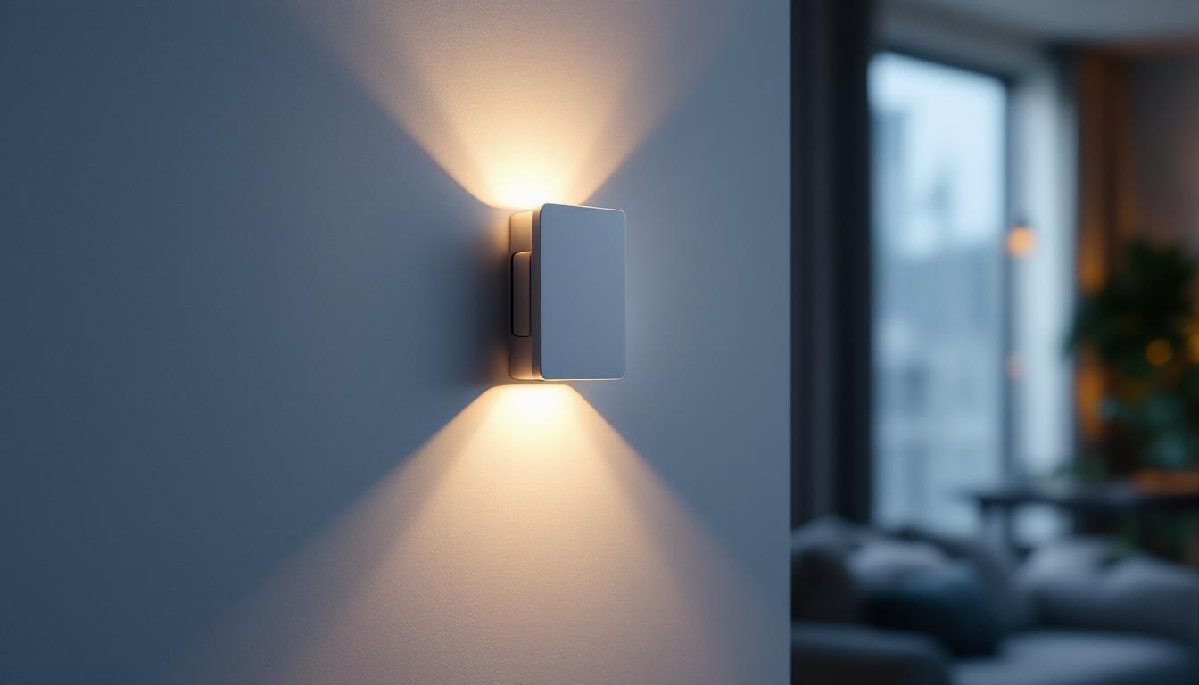 A photograph of capture a photograph of a modern motion detector dimmer switch installed in a stylish home setting