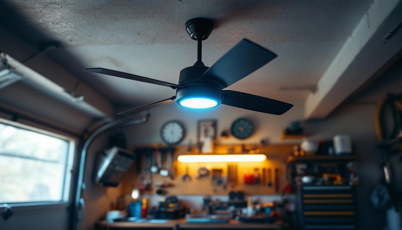 A photograph of a stylish garage interior featuring a modern ceiling fan with integrated lights