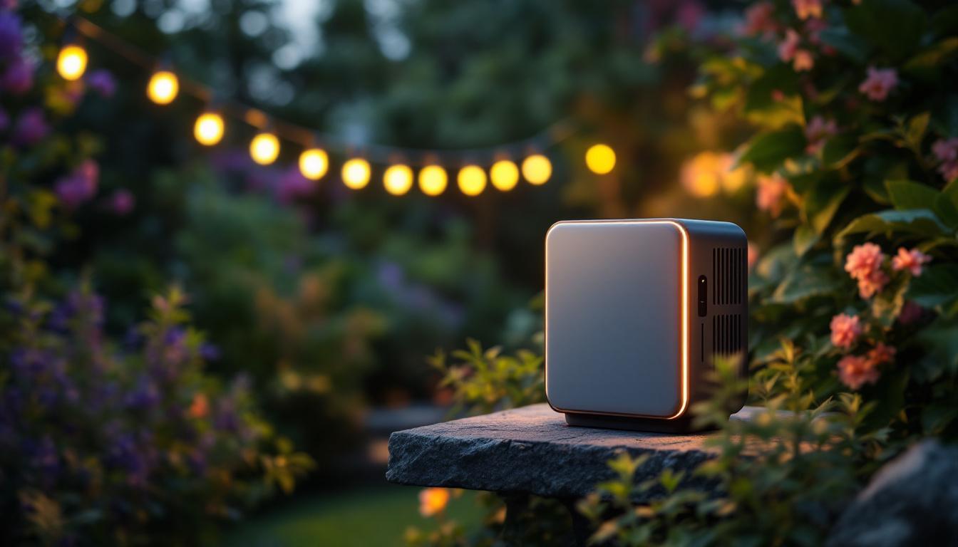 A photograph of a sleek 12v garden light transformer prominently displayed in a lush garden setting