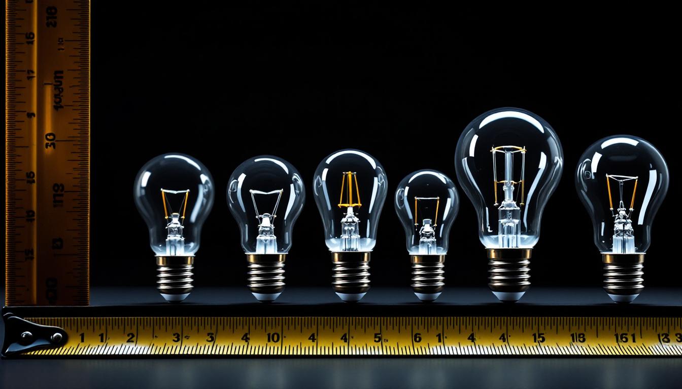 A photograph of a close-up shot of various light bulb base sizes displayed alongside a measuring tape
