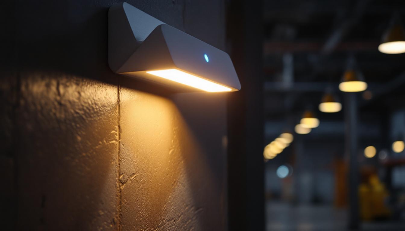 A photograph of a sleek motion-sensing led light installed in an industrial setting