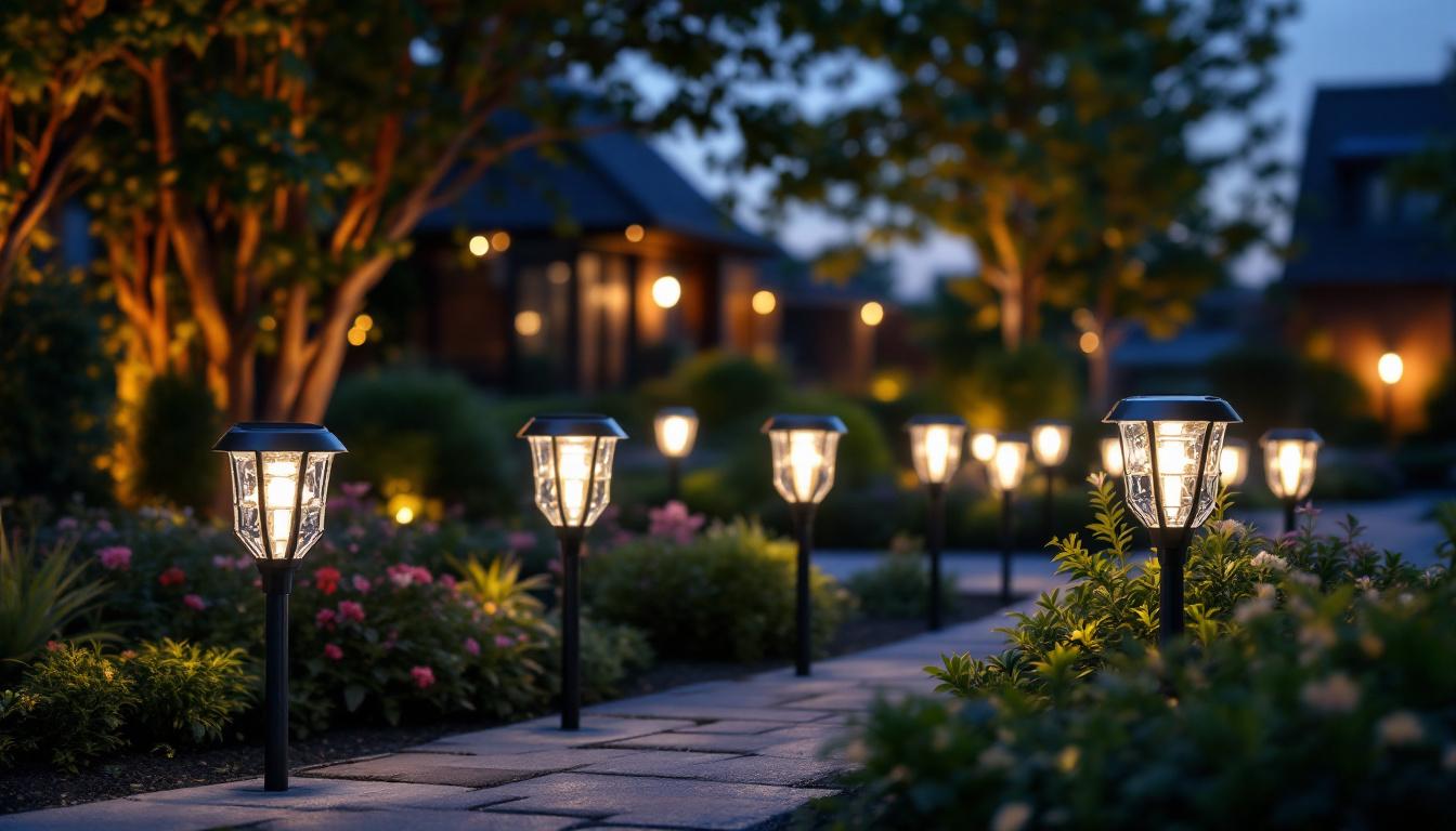 A photograph of a well-lit outdoor scene featuring various styles of solar lights with visible on/off switches in a beautifully landscaped garden