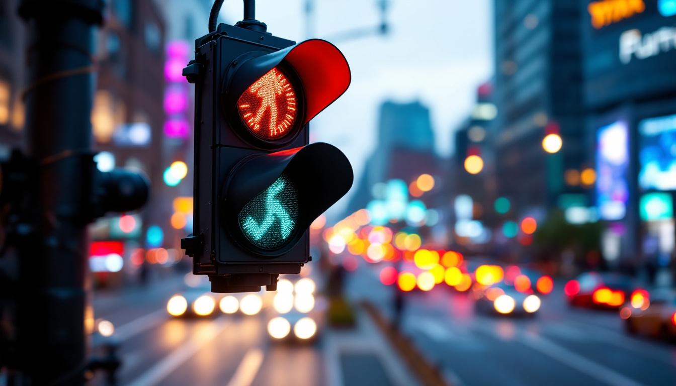 A photograph of a close-up view of a modern traffic light in action