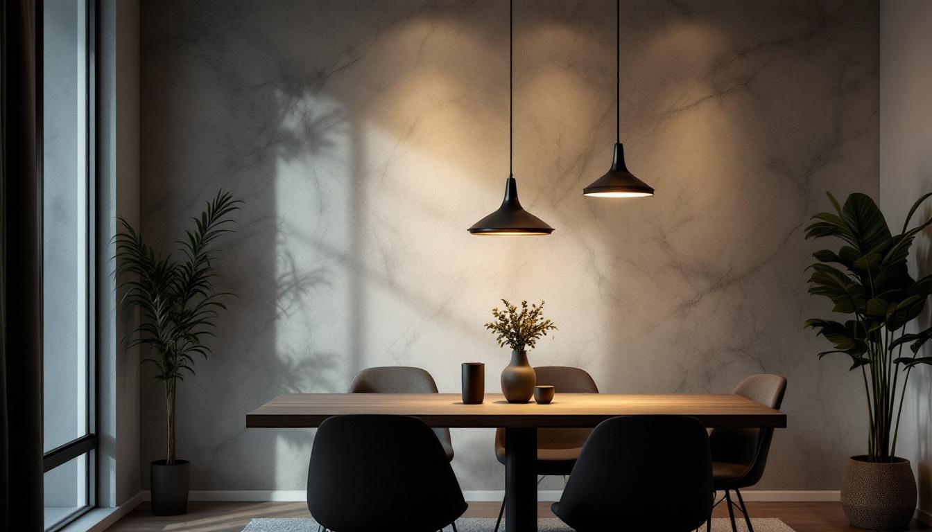A photograph of a stylish dining room featuring a modern pendant light installation