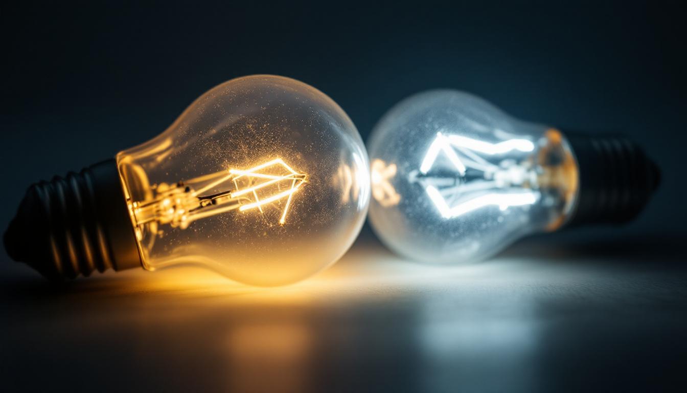 A photograph of a close-up of a dim or flickering fluorescent bulb alongside a bright