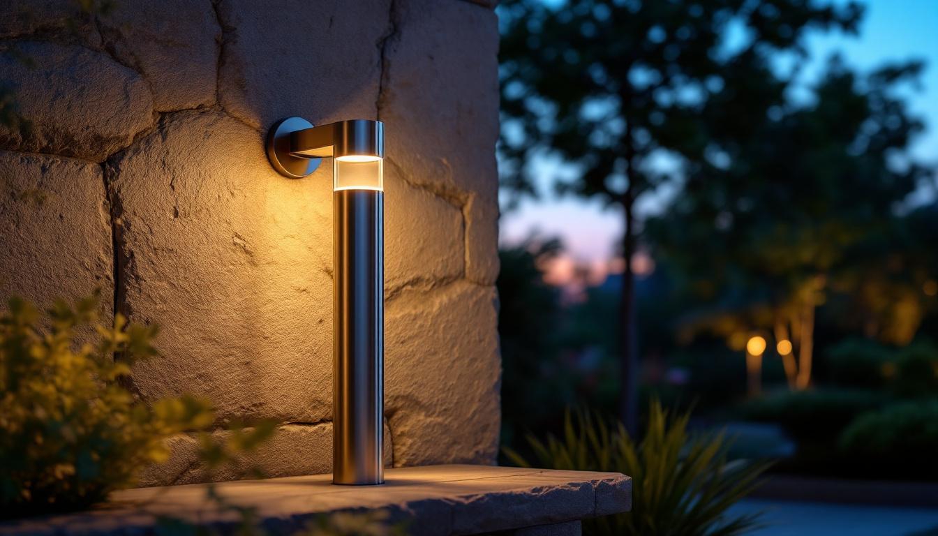A photograph of a beautifully designed stainless steel outdoor light fixture illuminating a landscaped garden at dusk