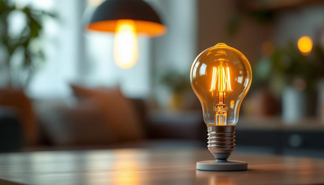 A photograph of capture a photograph of a 25 watt type b light bulb illuminated in a stylish lamp
