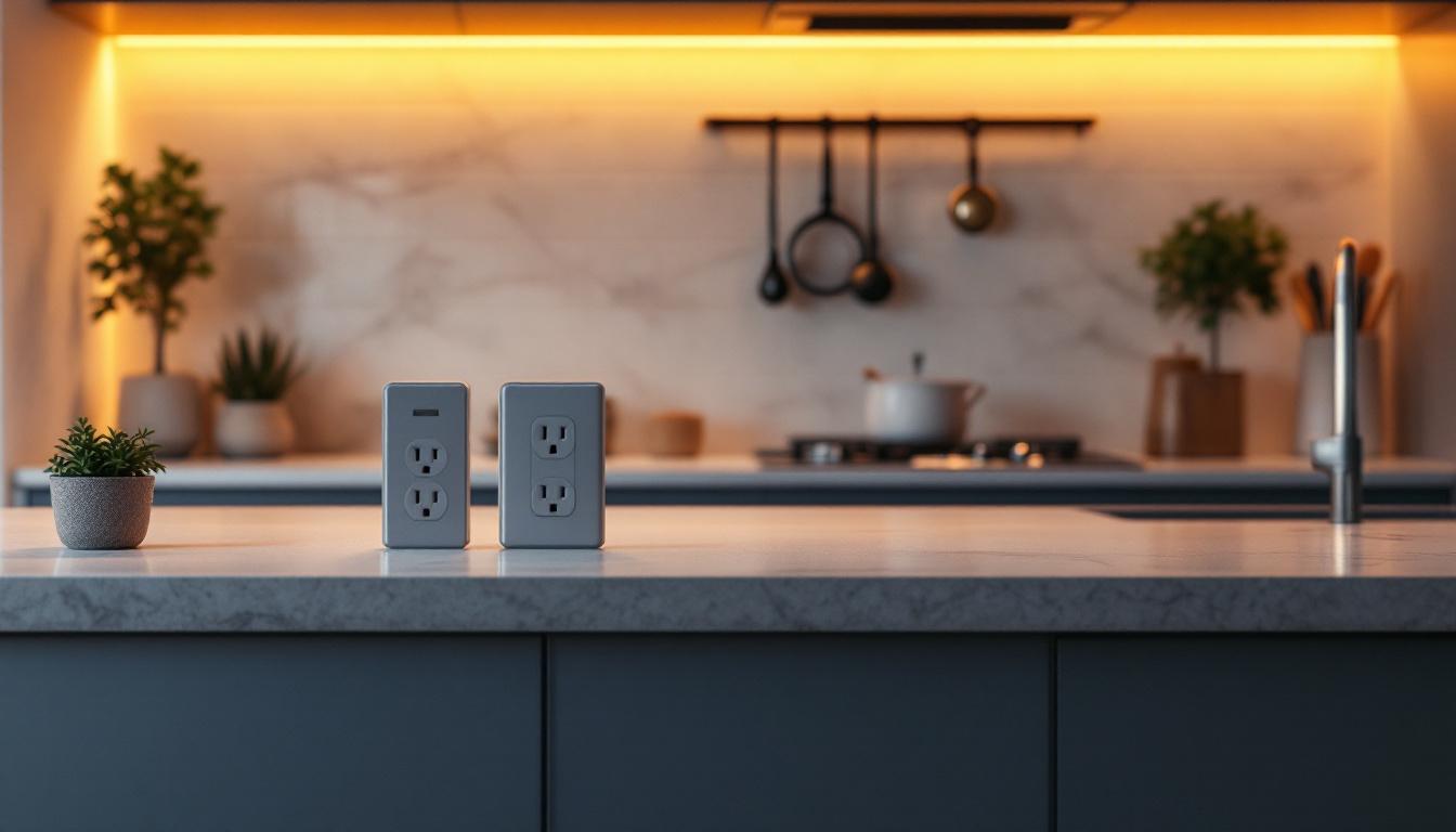A photograph of a stylish kitchen featuring under counter lights with integrated outlets