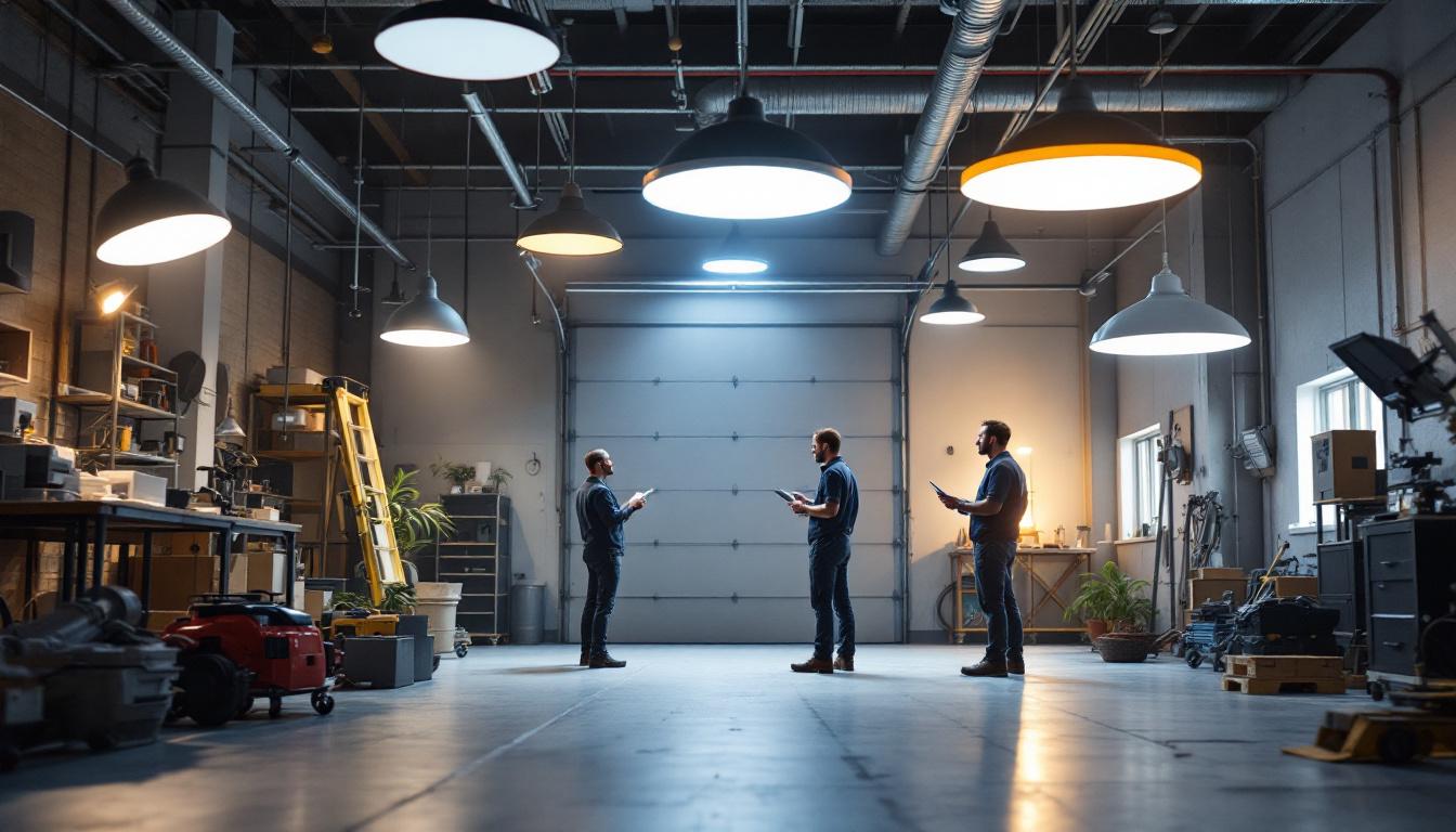 A photograph of a well-lit interior garage showcasing various light fixture designs