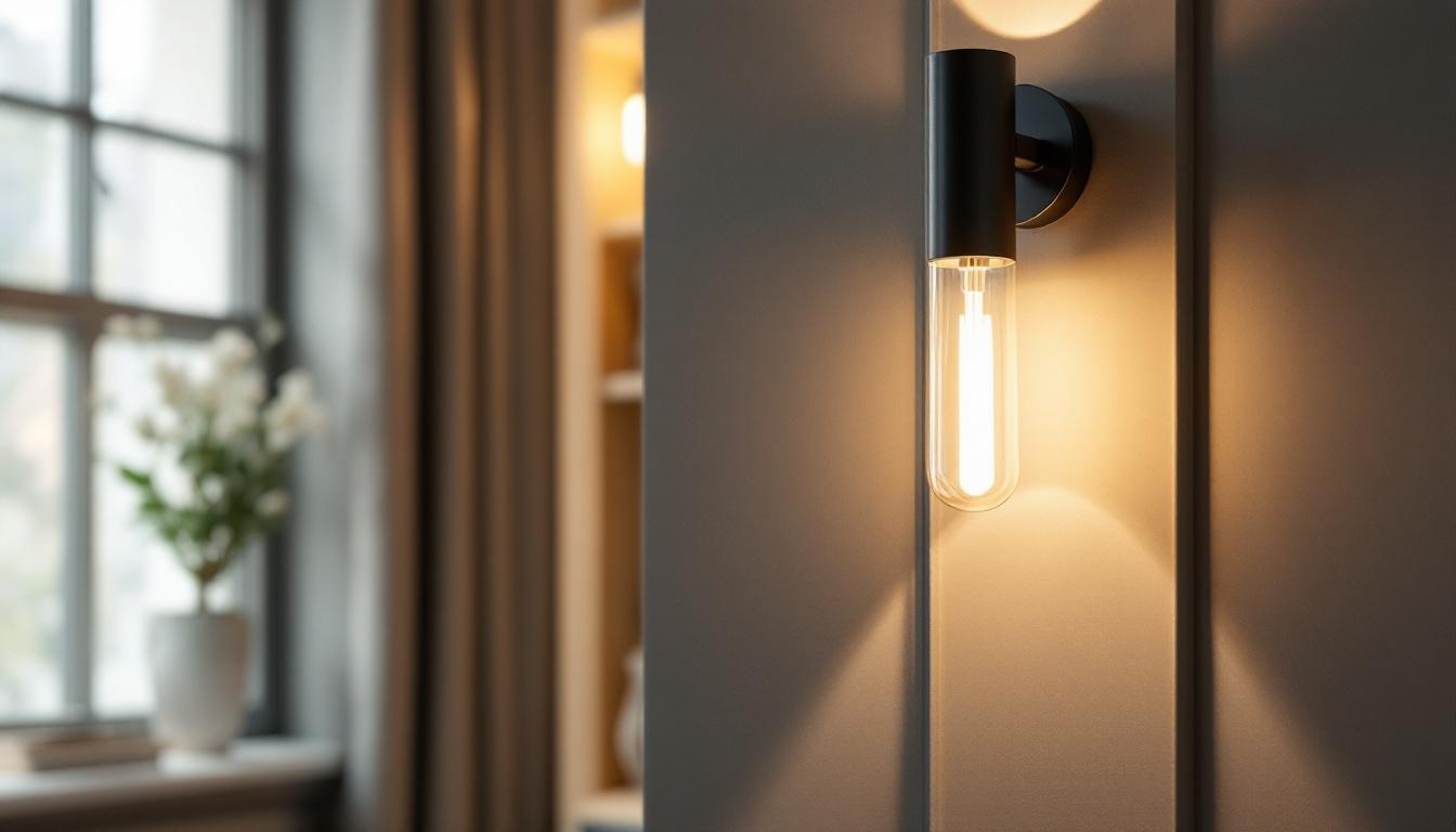 A photograph of a stylish commercial wall sconce in an elegantly designed interior setting