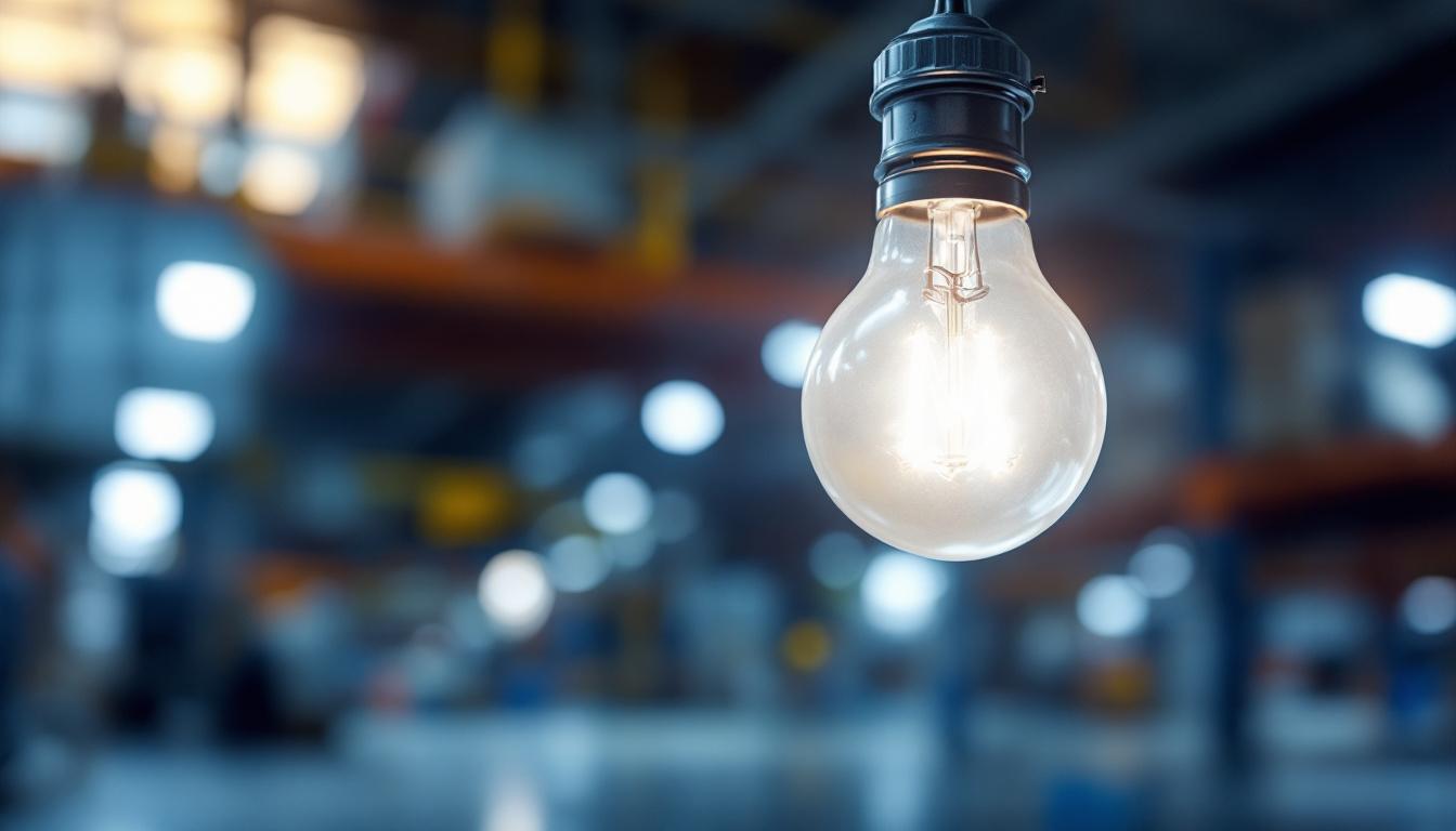 A photograph of a 277-volt led light bulb illuminated in a commercial or industrial setting