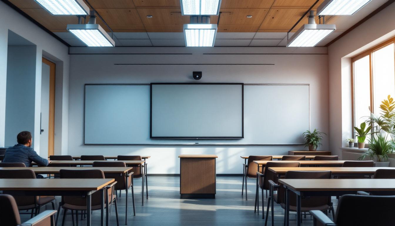 A photograph of a well-lit classroom setting showcasing various lighting fixtures and their effects on the learning environment