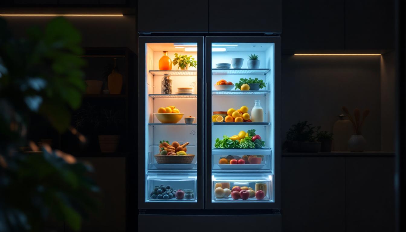A photograph of a well-lit refrigerator interior showcasing various lighting solutions