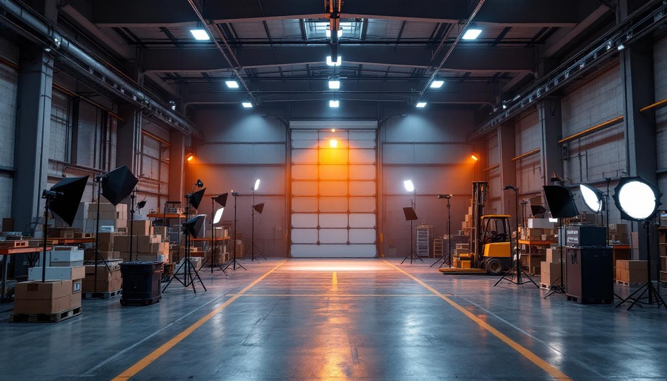 A photograph of a well-lit warehouse interior showcasing various lighting setups