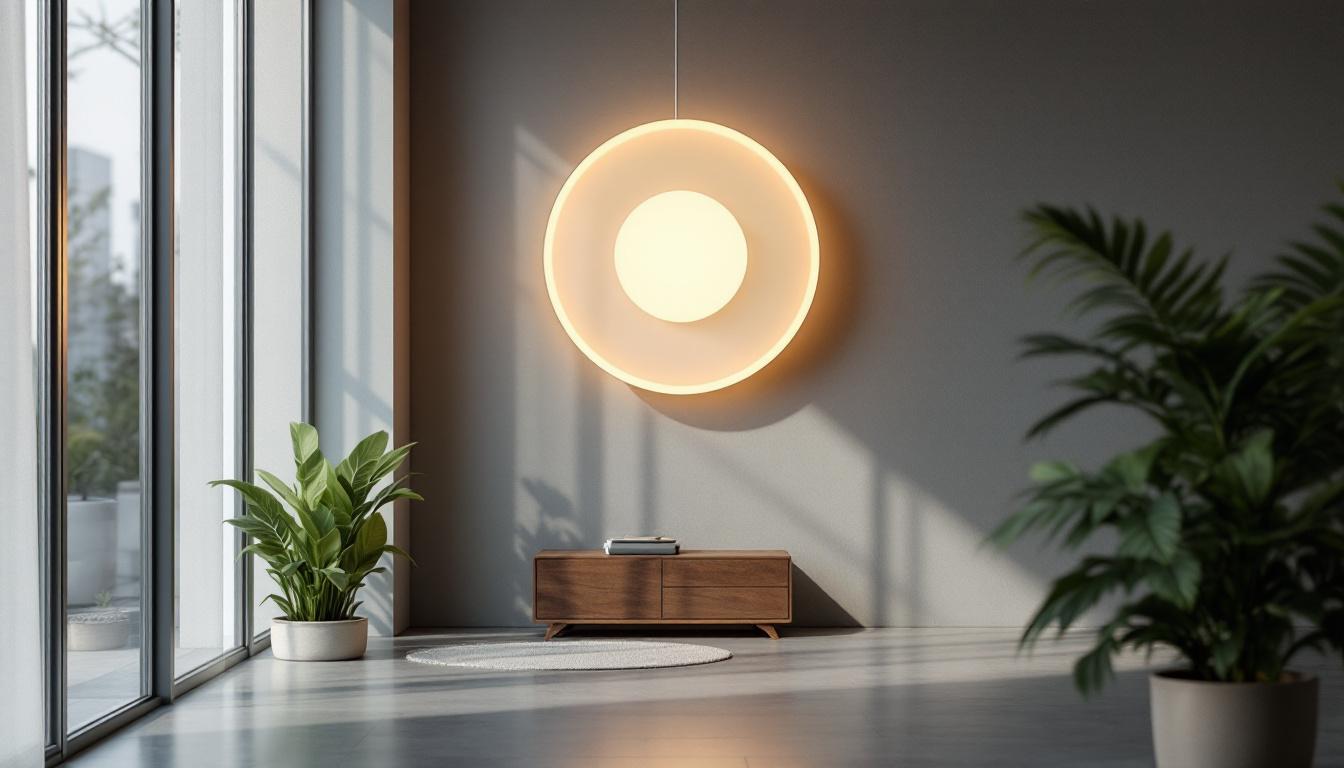 A photograph of a stylishly designed round lighting fixture in a well-lit interior setting