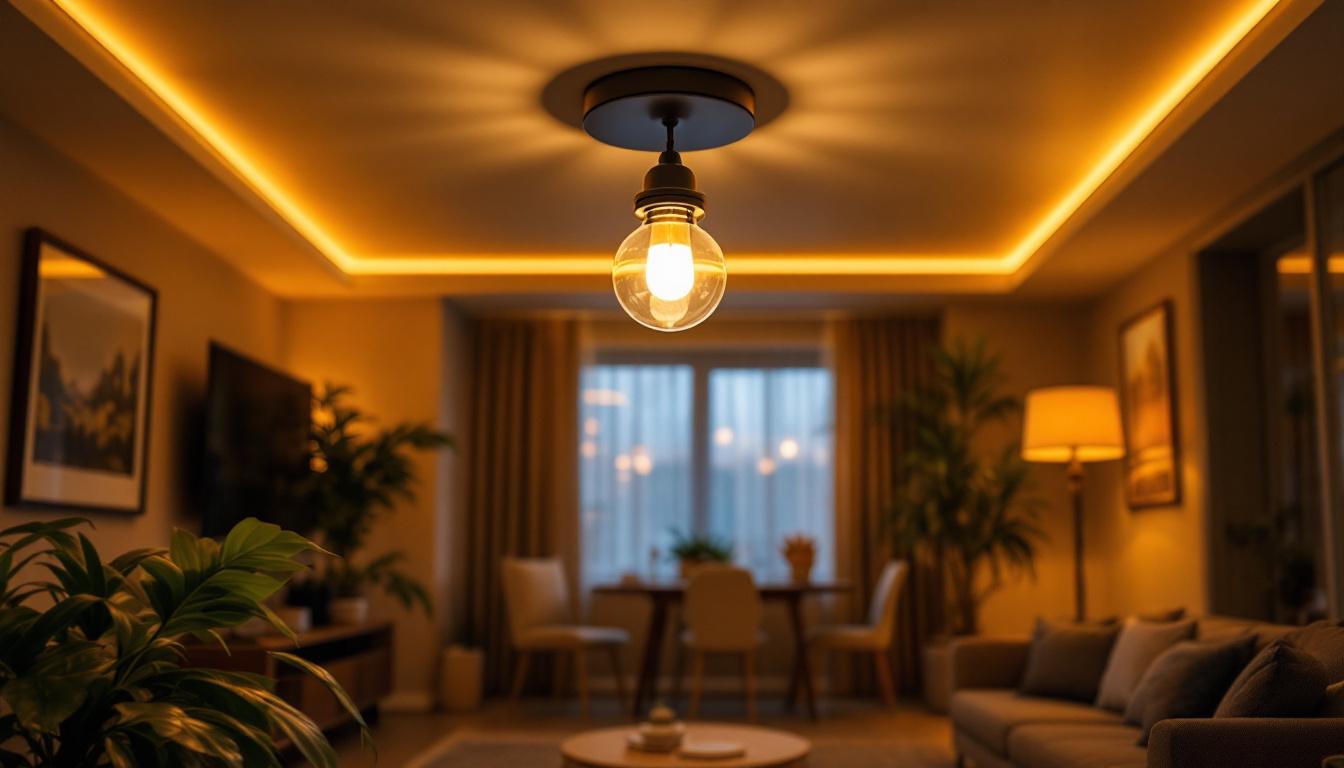 A photograph of a beautifully designed ceiling can light fixture illuminating a stylishly decorated room