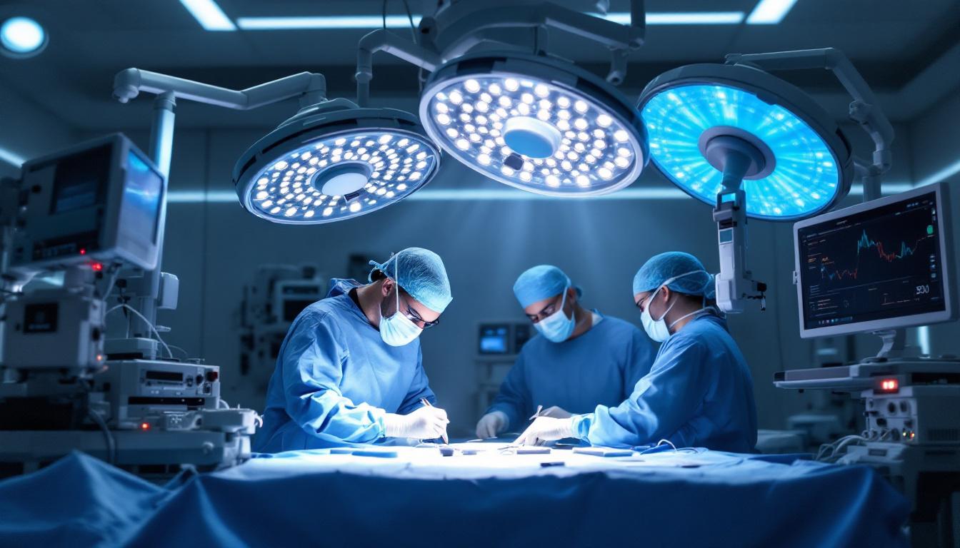 A photograph of a modern operating room showcasing advanced surgical lighting