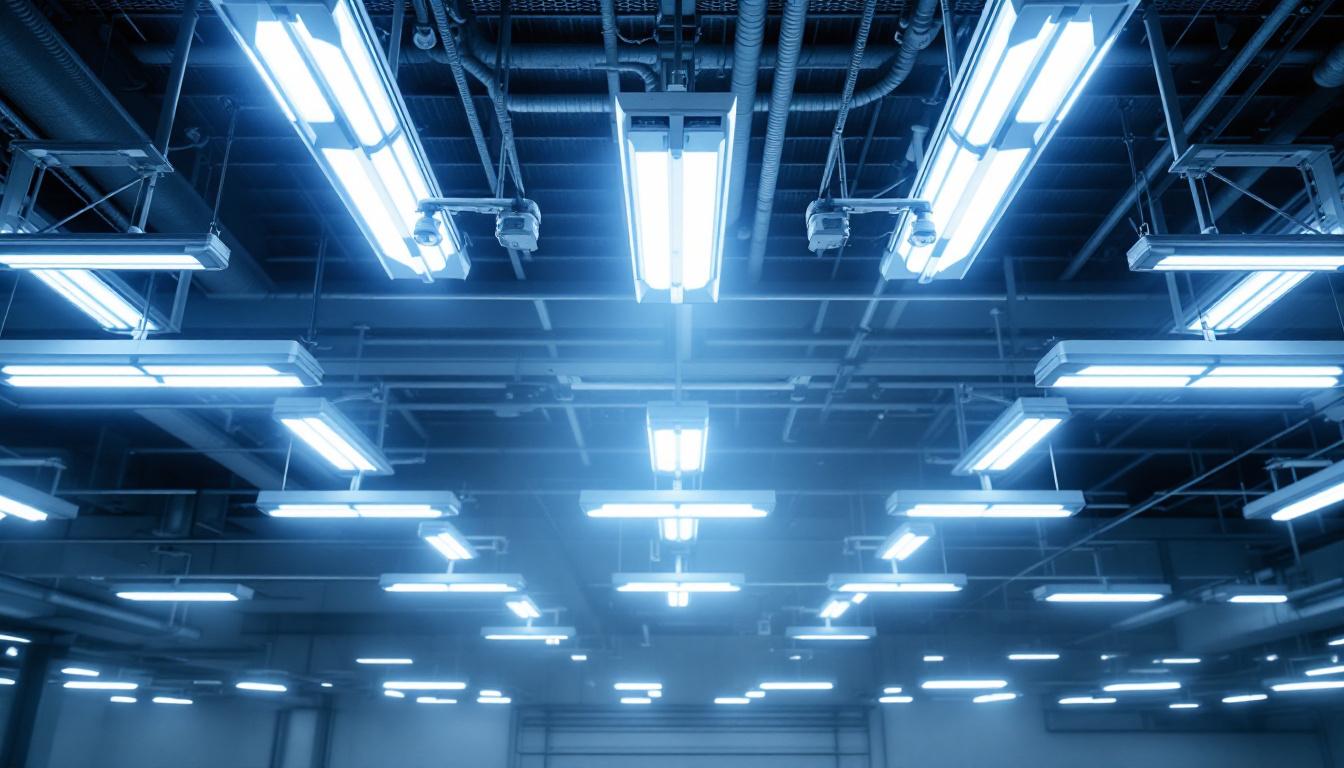 A photograph of a large-scale lighting installation featuring fluorescent lights and ballasts in an industrial or commercial setting
