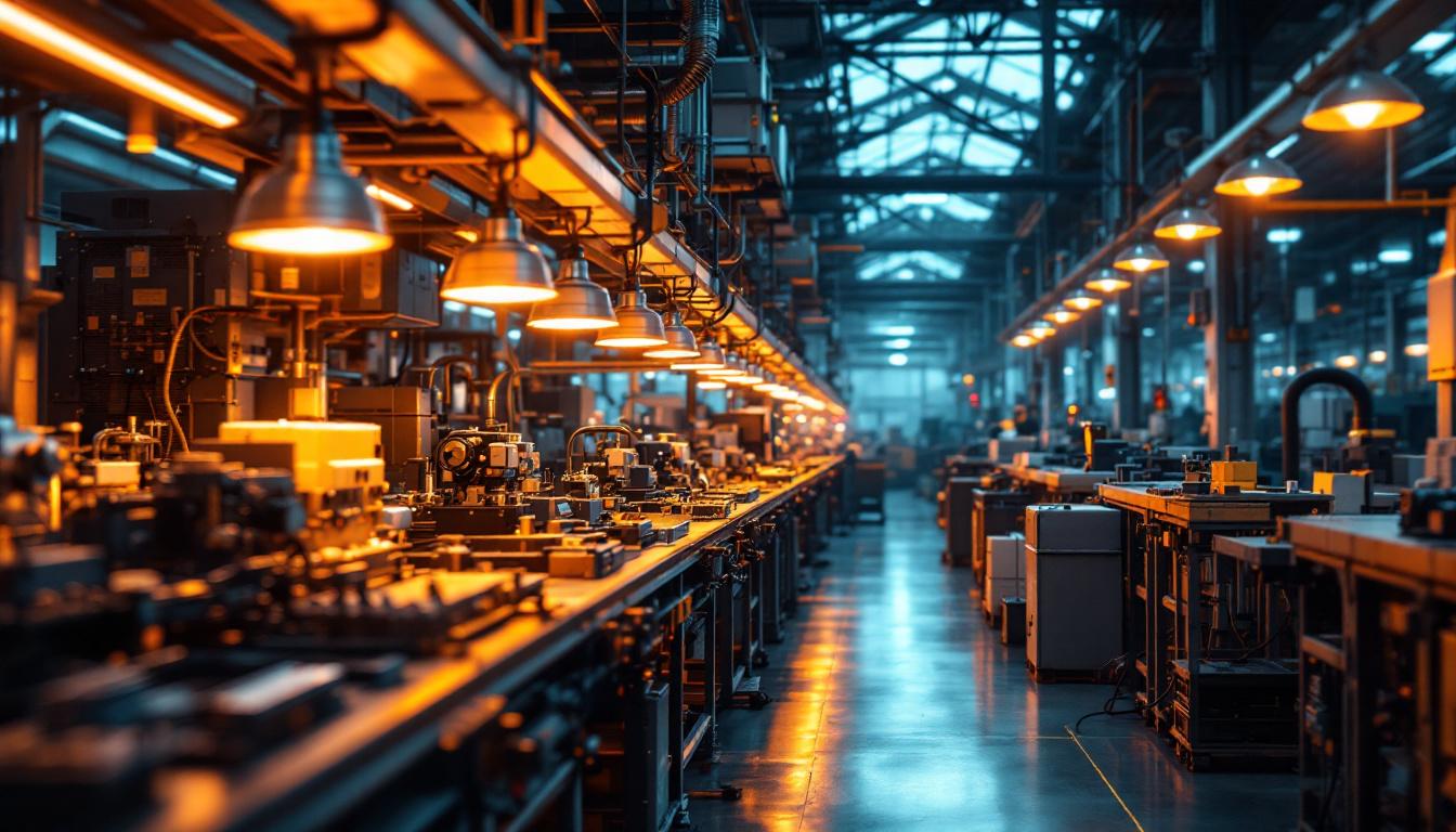 A photograph of a modern manufacturing facility showcasing innovative lighting technologies