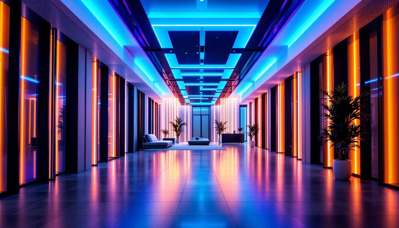 A photograph of a modern interior space illuminated by vibrant long strip lights