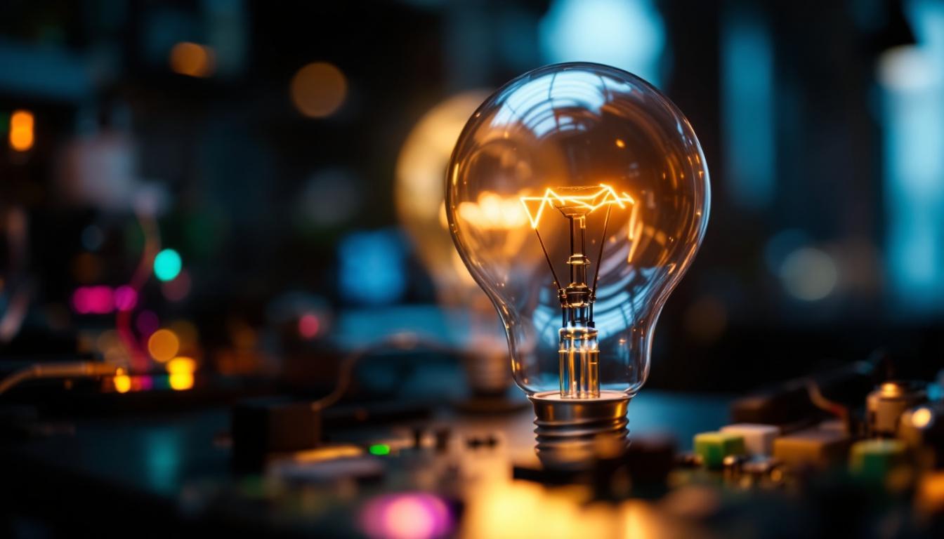 A photograph of a close-up of a type s light bulb illuminated in a modern setting