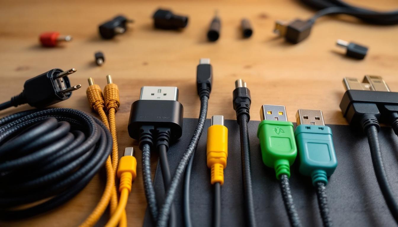 A photograph of a well-organized display of various types of electricity cords and connectors