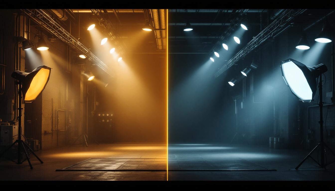 A photograph of a side-by-side comparison of industrial and commercial lighting setups