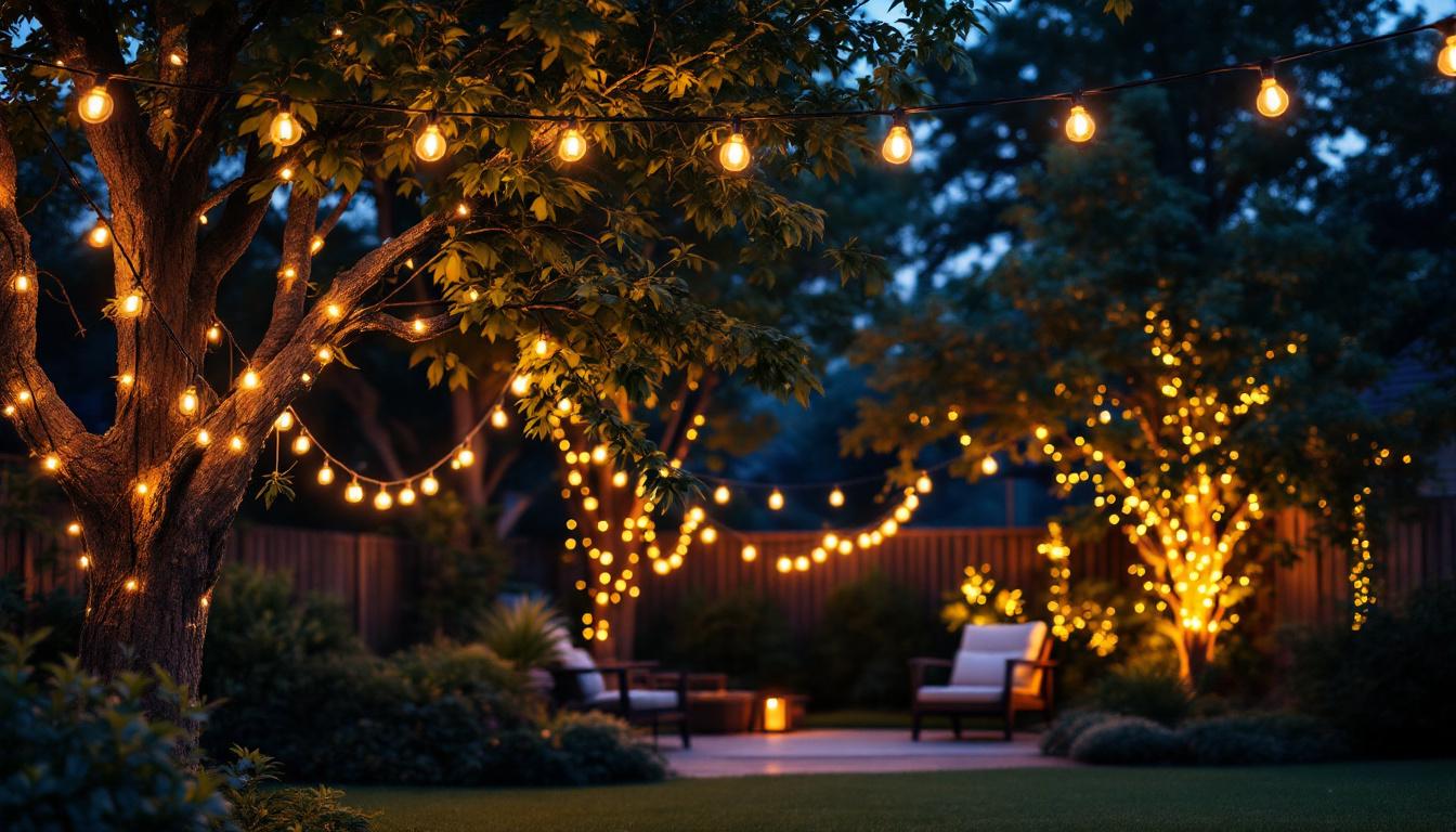 A photograph of a beautifully illuminated backyard scene featuring string lights draped across trees or a patio
