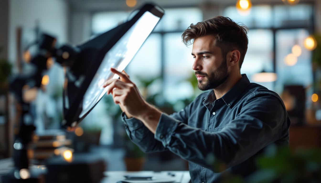 A photograph of a lighting engineer adjusting a sleek