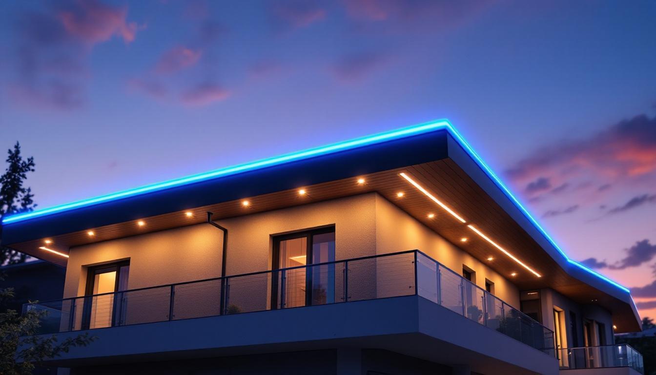 A photograph of a modern led roof lighting installation on a building