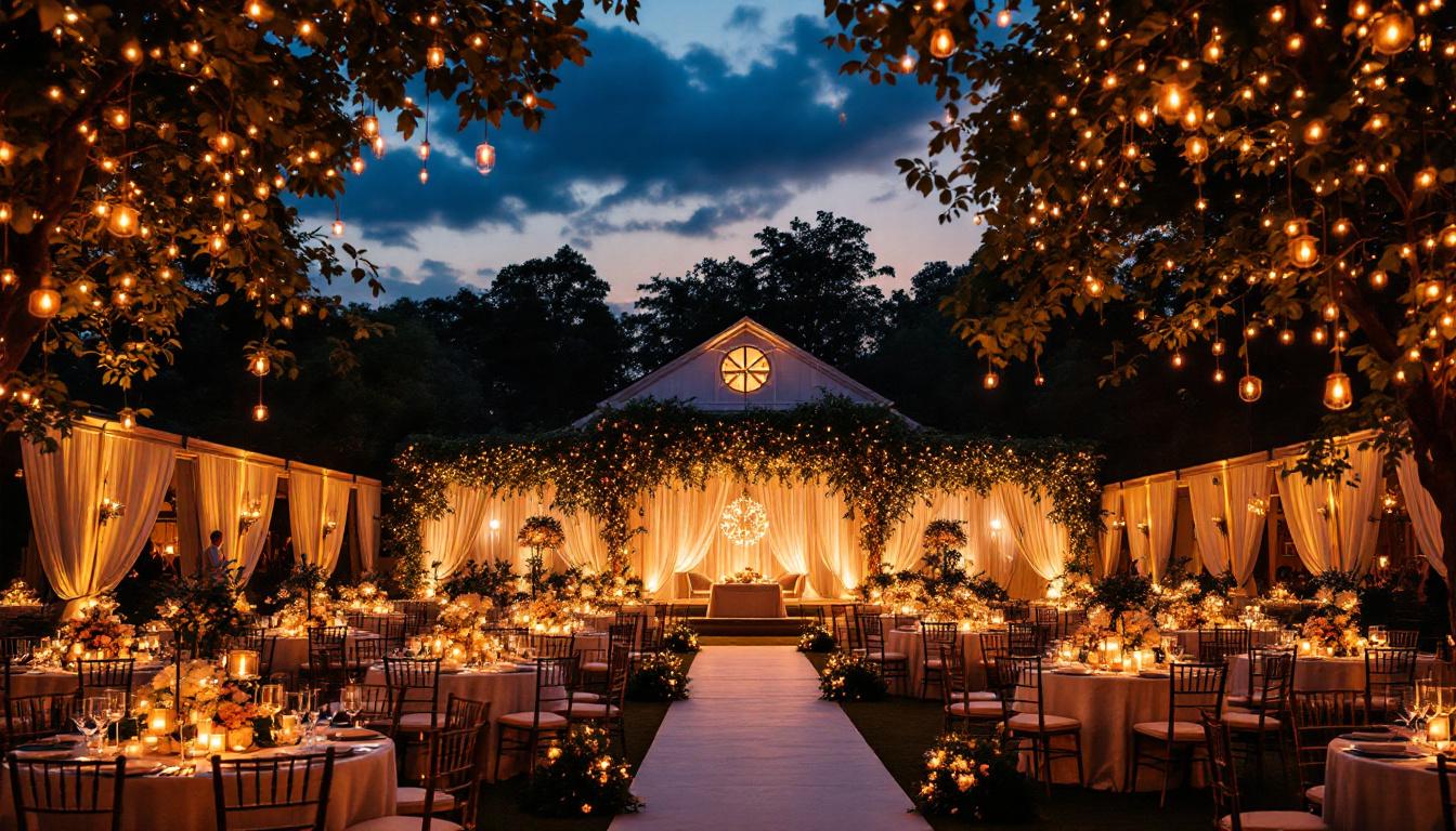 A photograph of a beautifully illuminated wedding venue at dusk