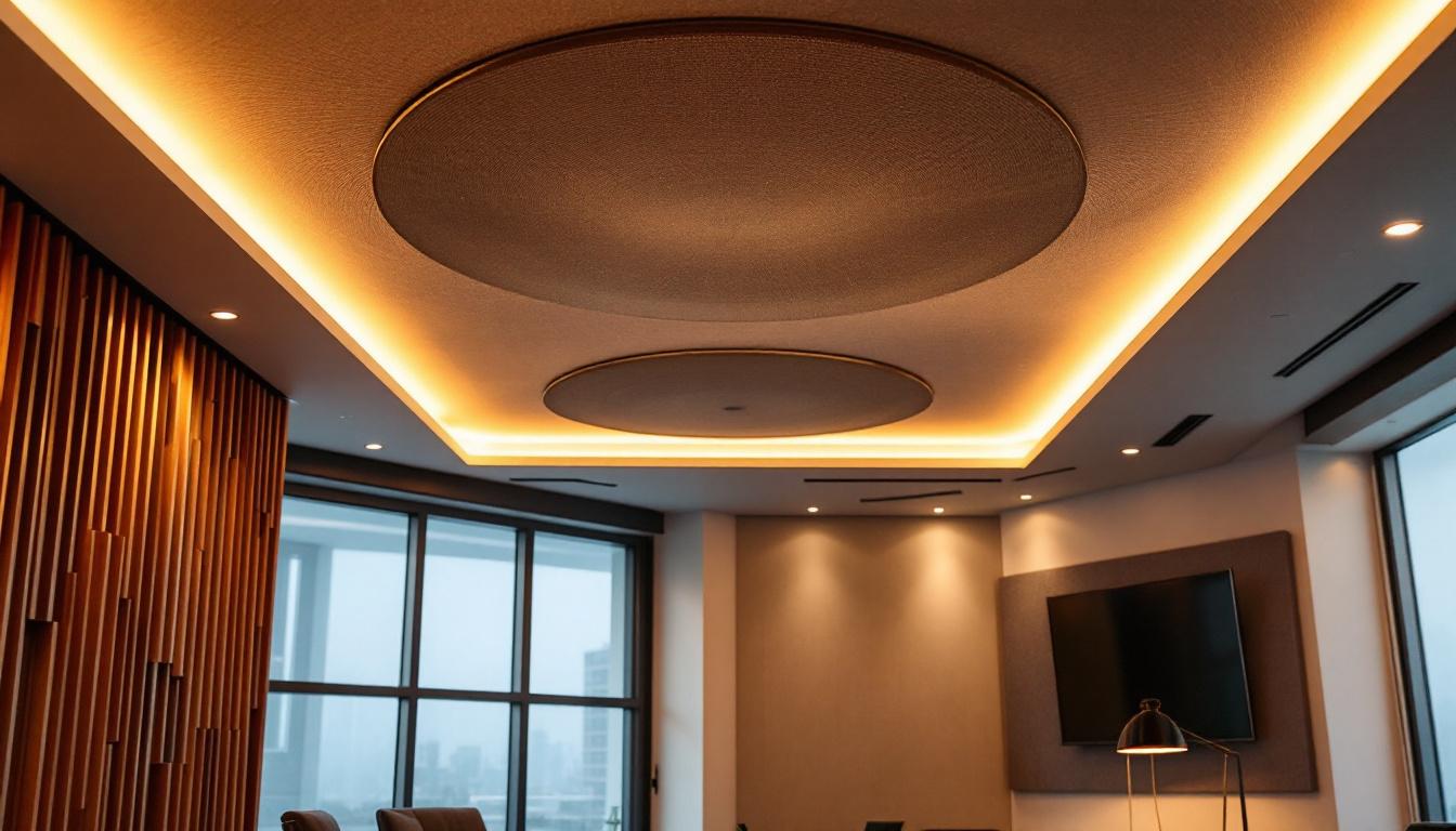 A photograph of a stylish and modern room featuring acoustic ceiling lights that not only illuminate the space but also highlight the aesthetic appeal and sound-absorbing qualities of the ceiling design