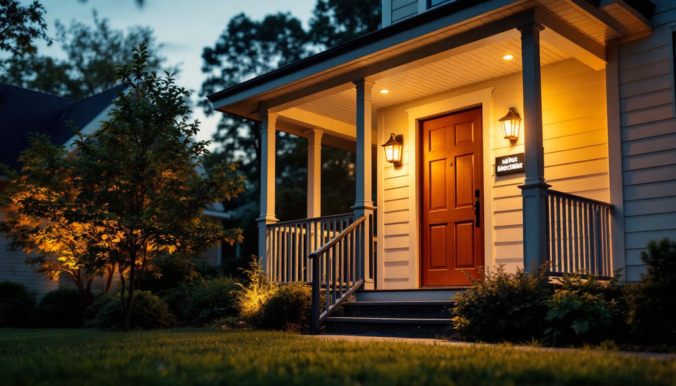 A photograph of a beautifully illuminated porch featuring a modern photocell light in action at dusk