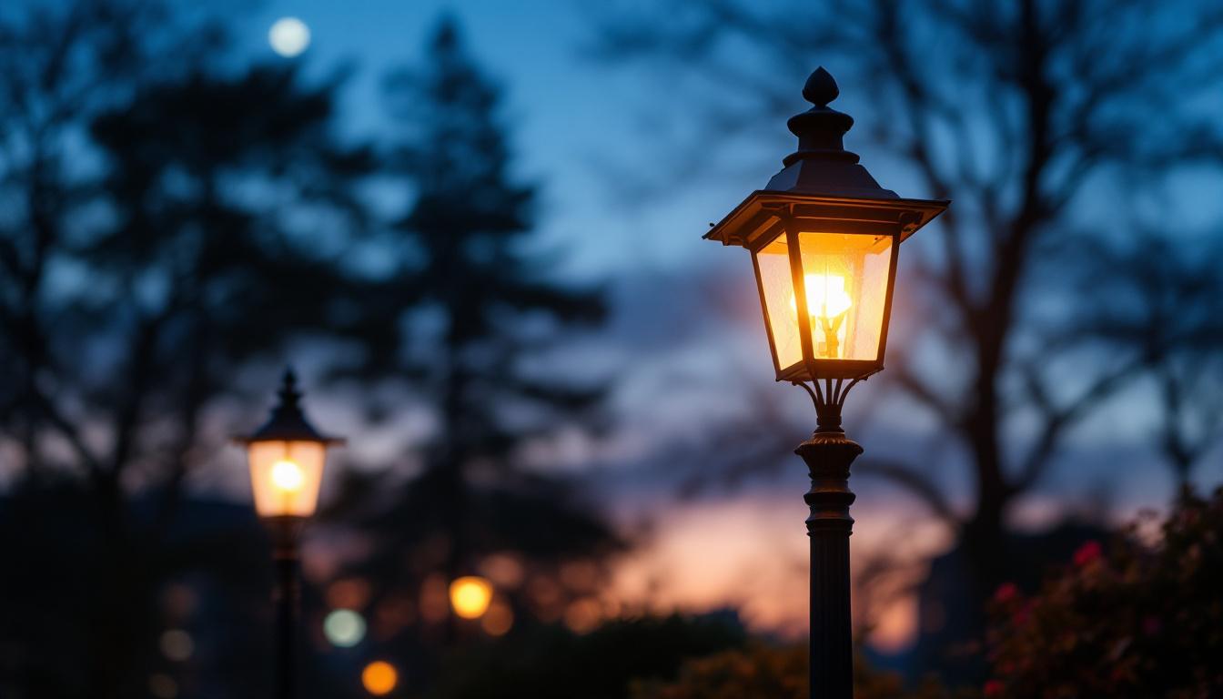 A photograph of a beautifully illuminated outdoor lamp post at dusk