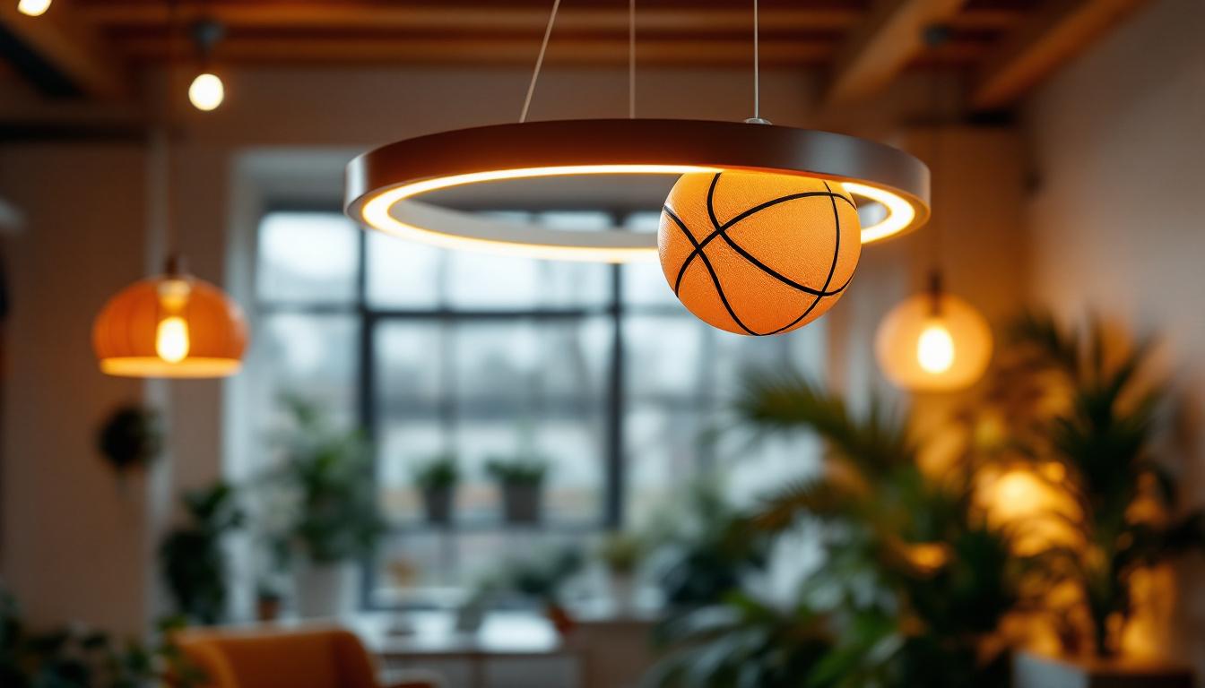 A photograph of a stylish basketball-themed ceiling light fixture hanging in a well-lit room