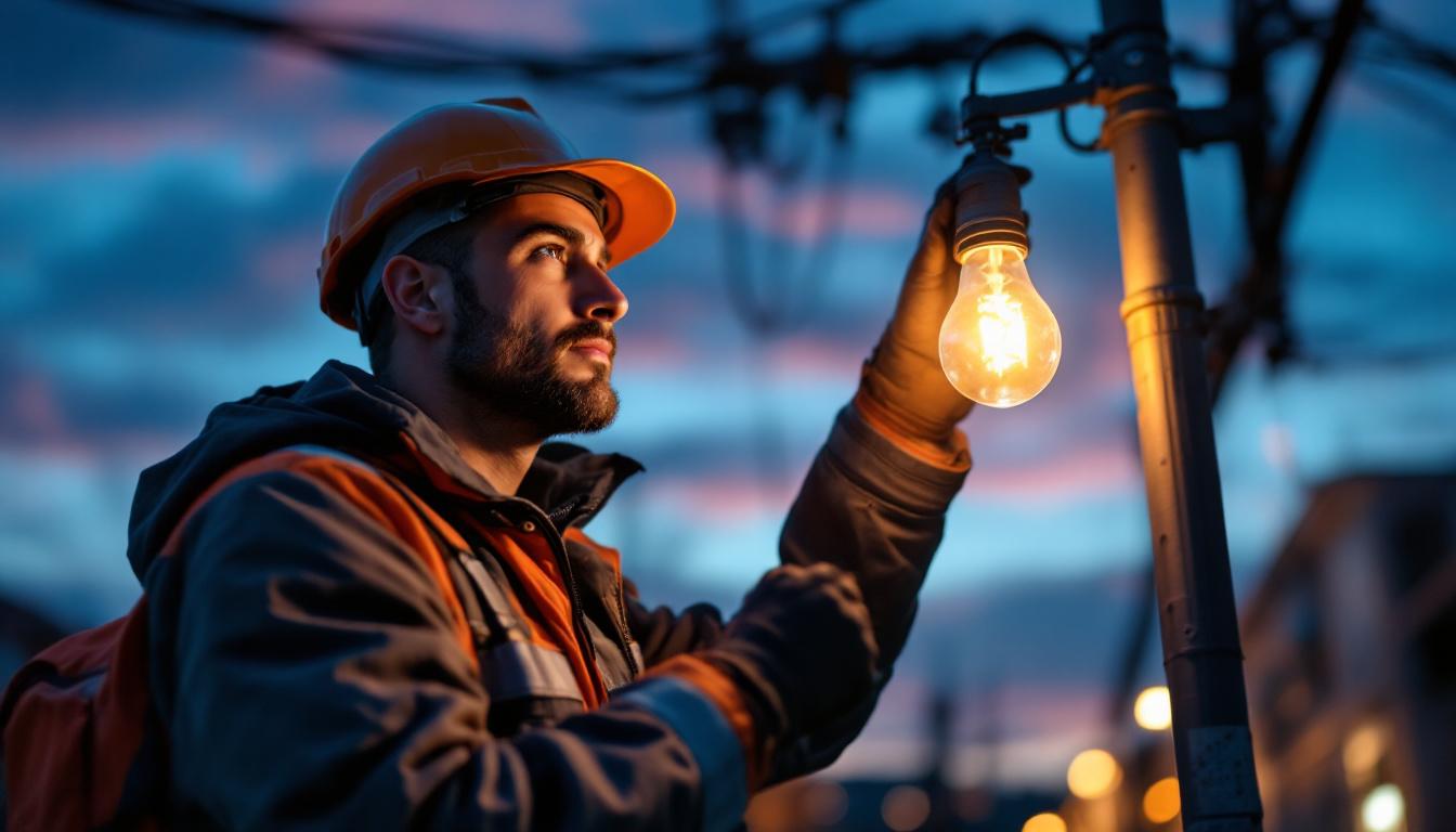 A photograph of a skilled electrical engineer replacing a street light bulb at dusk