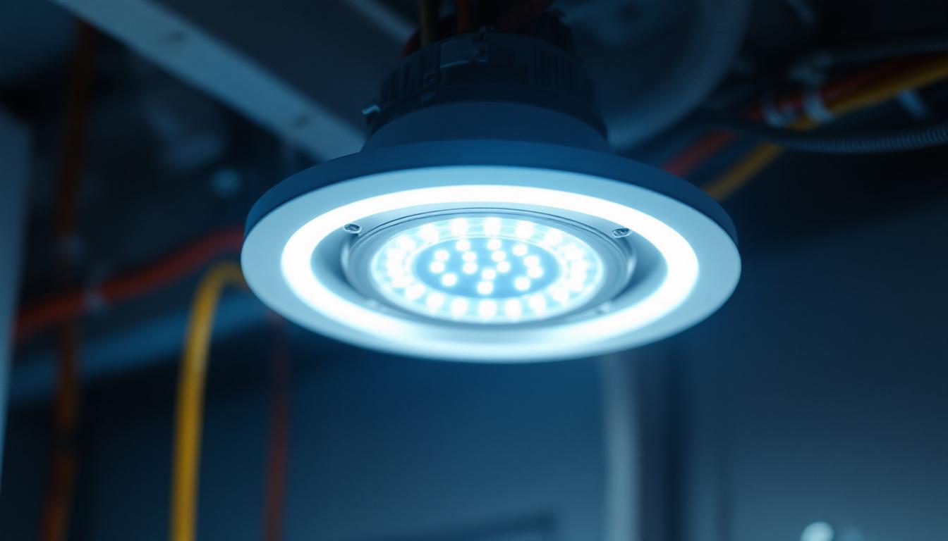 A photograph of a close-up shot of a 4-inch led light fixture being installed in a modern electrical setting