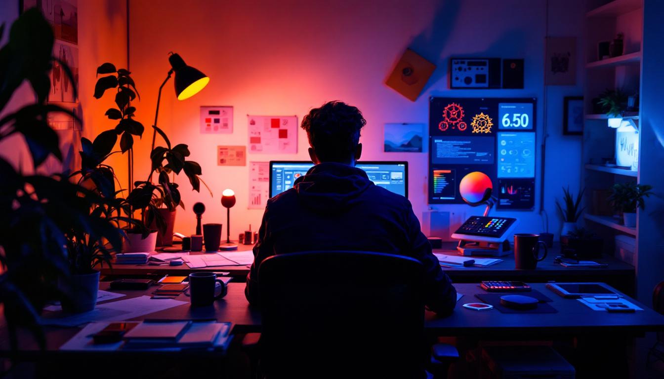 A photograph of a well-lit workspace featuring a modern electrical engineer at a desk