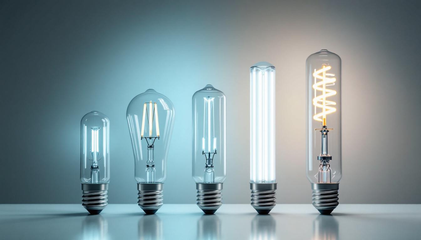 A photograph of a side-by-side comparison of various fluorescent bulb lengths alongside traditional lighting options