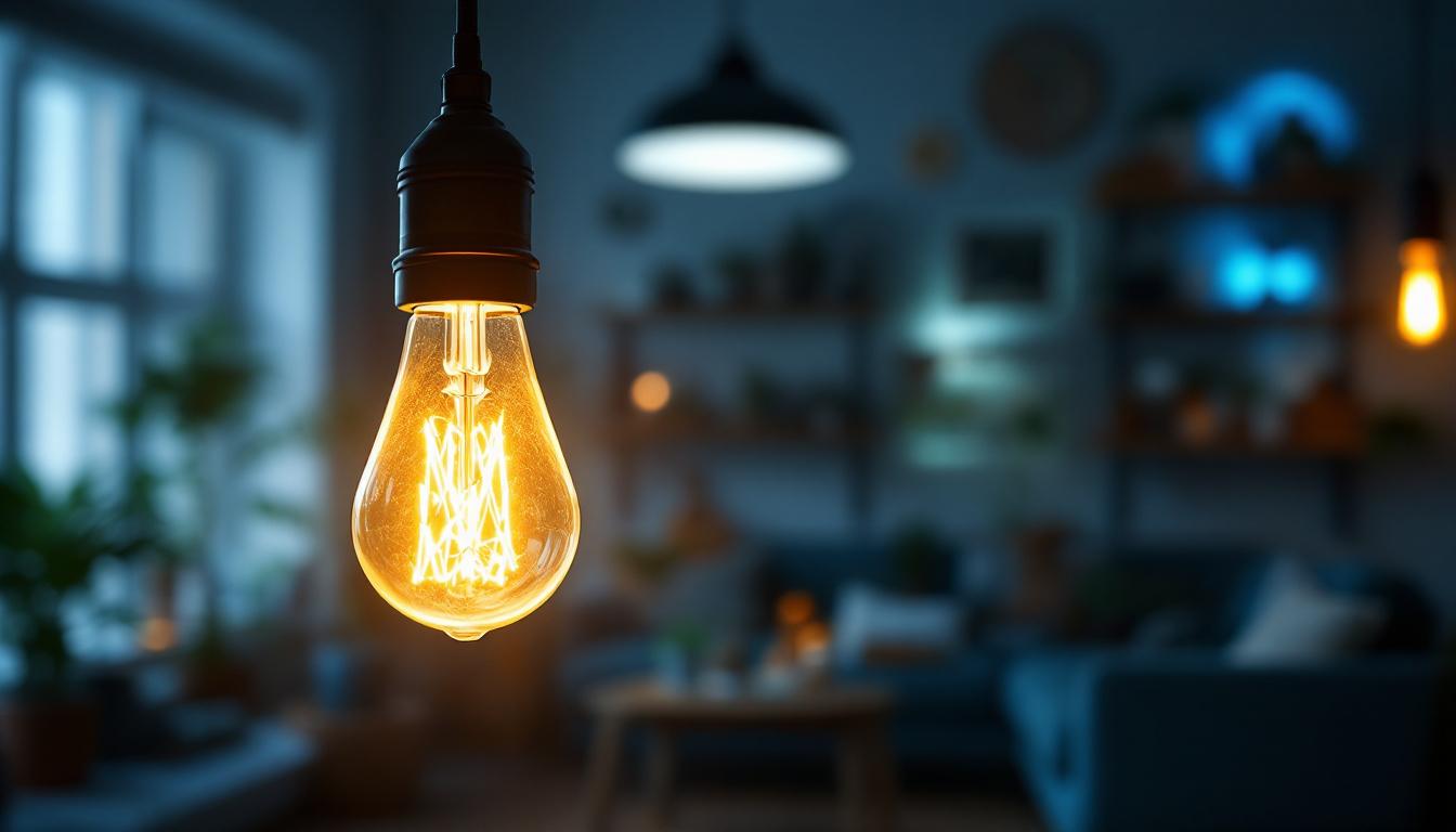 A photograph of a glowing light bulb in a dimly lit room