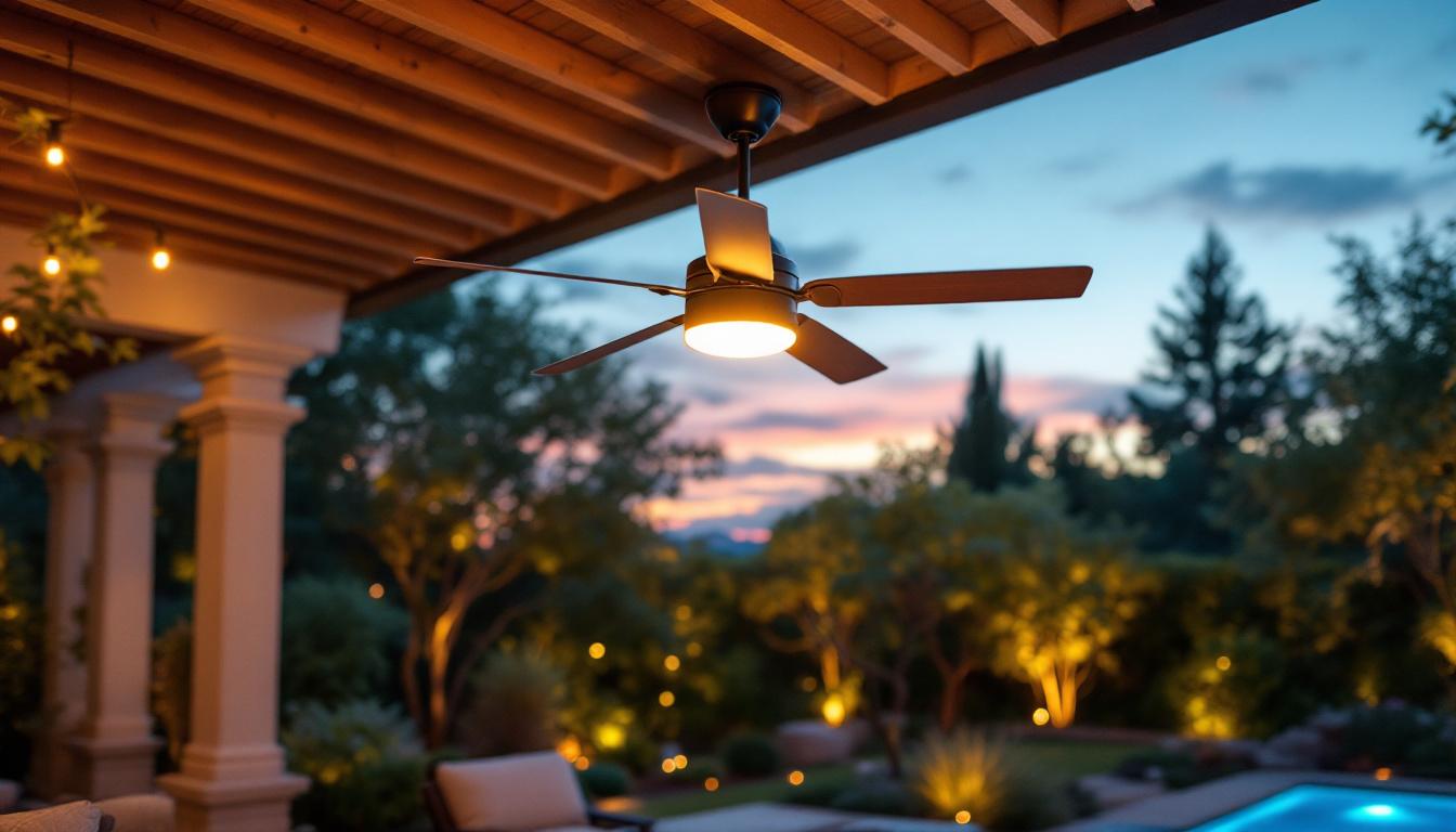 A photograph of a stylish outdoor ceiling fan with integrated lighting installed in a beautifully landscaped patio setting during twilight