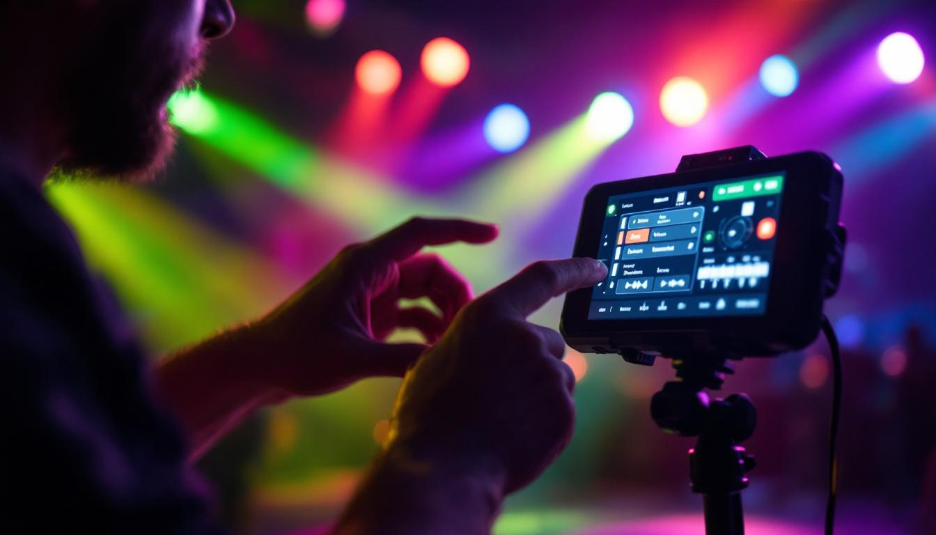 A photograph of capture a photograph of a lighting engineer skillfully adjusting the spectrafire remote in a dynamic