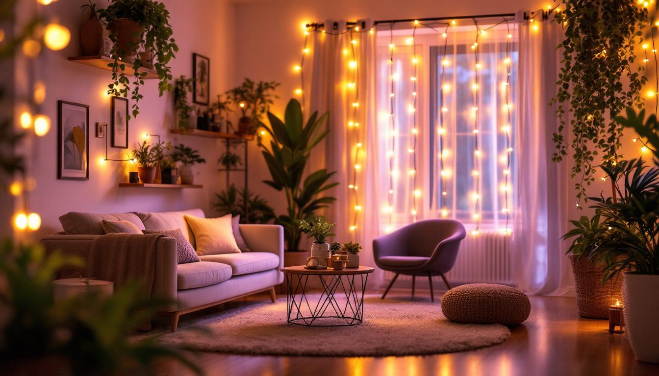 A photograph of a beautifully arranged living space or outdoor area illuminated by vibrant string led lights
