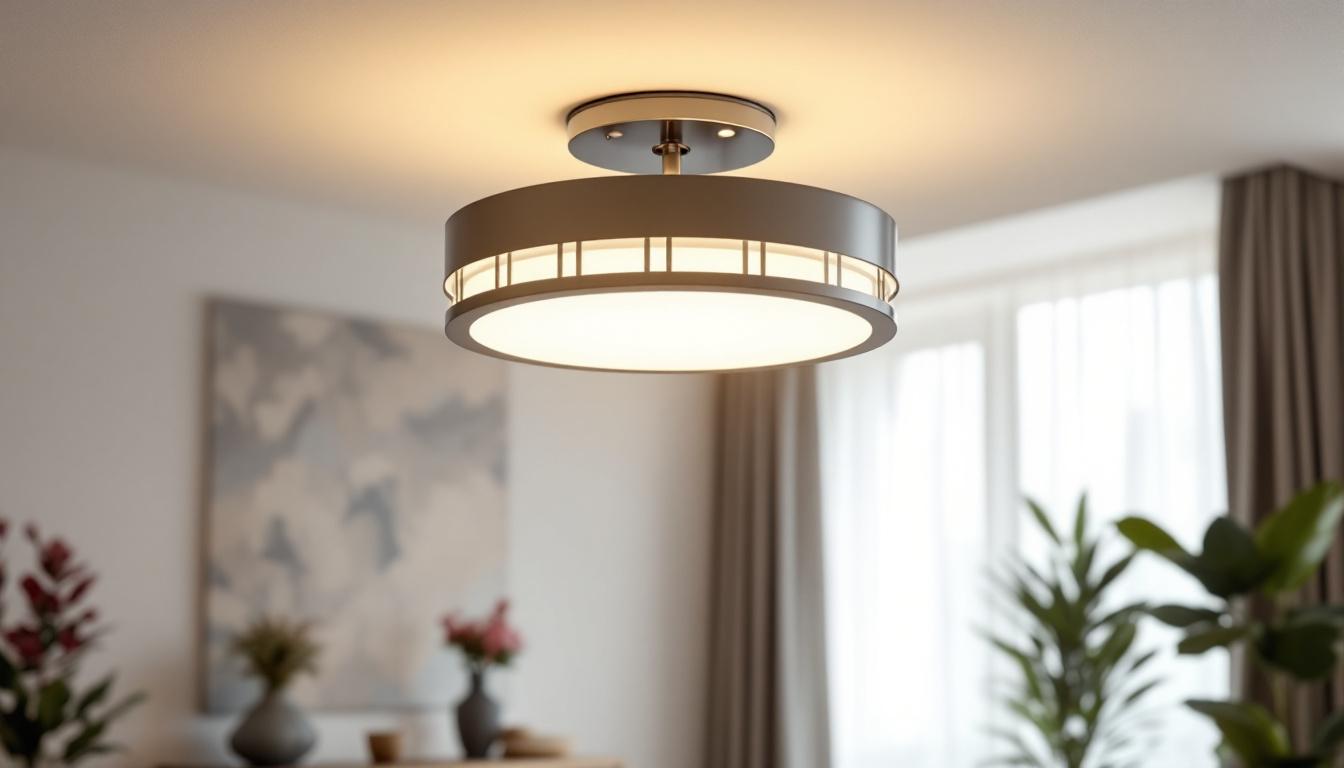 A photograph of capture a photograph of a stylish semi-flush ceiling light fixture installed in a modern living space
