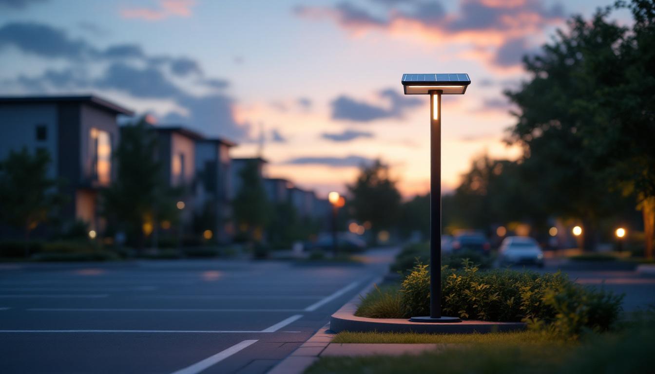 A photograph of a modern solar parking light illuminating a well-lit parking area at dusk